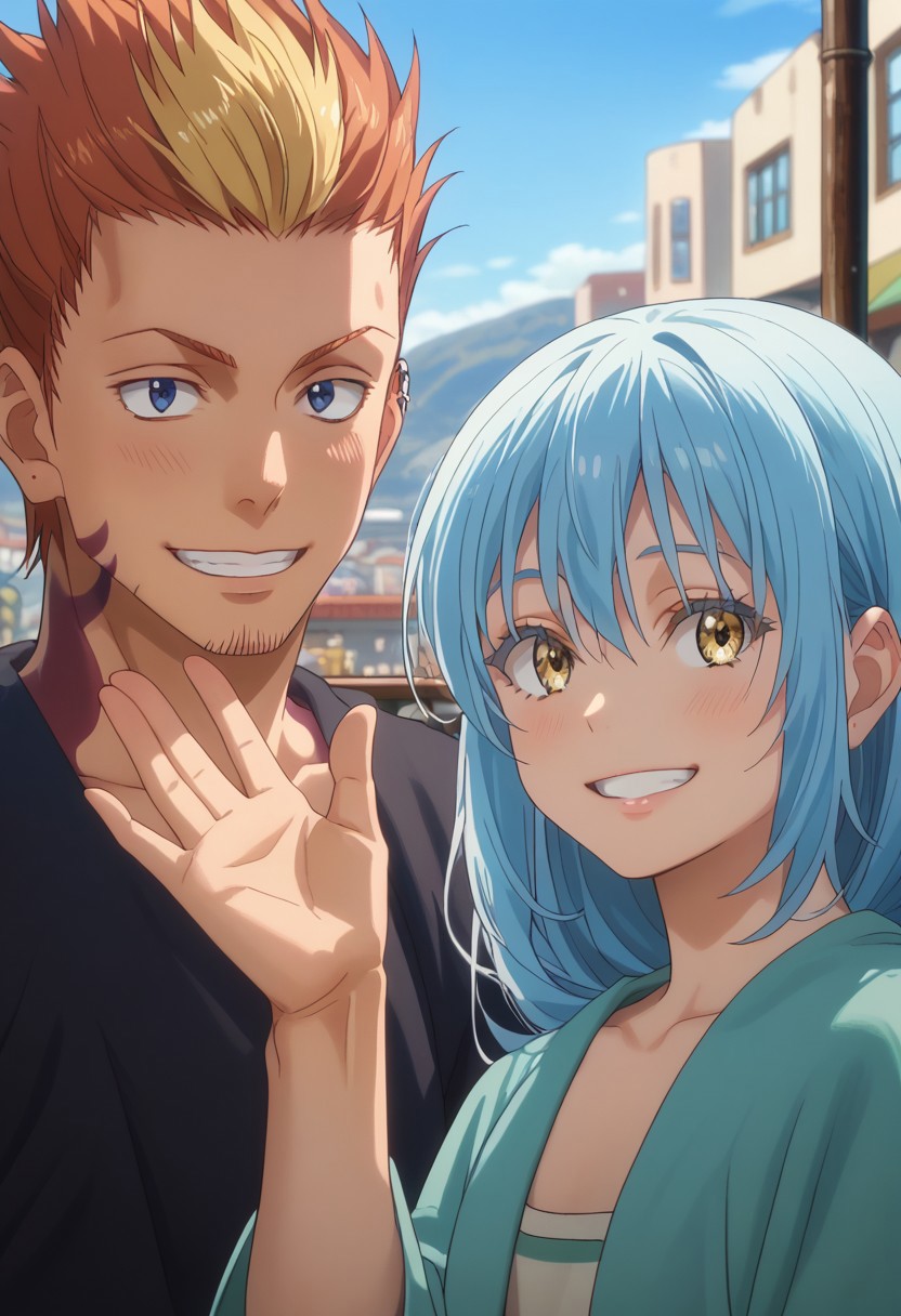 score_9, score_8_up, score_7_up, source_anime, rating_safe, waving, PaulTGRS, 1boy, couple focus, rimuru tempest, 1androgynous, anime screencap, hetero, best friends, looking at the viewer, wide smile, hands with five fingers, cute wallpaper,