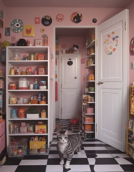 score_9, score_8_up, score_7_up,
animal focus, cat,
m4x1m4l, indoors, no humans, scenery, door, shelf, refrigerator, checkered floor, 
<lora:maximalism-m4x1m4l-indoors-Pony-v1:1.0>