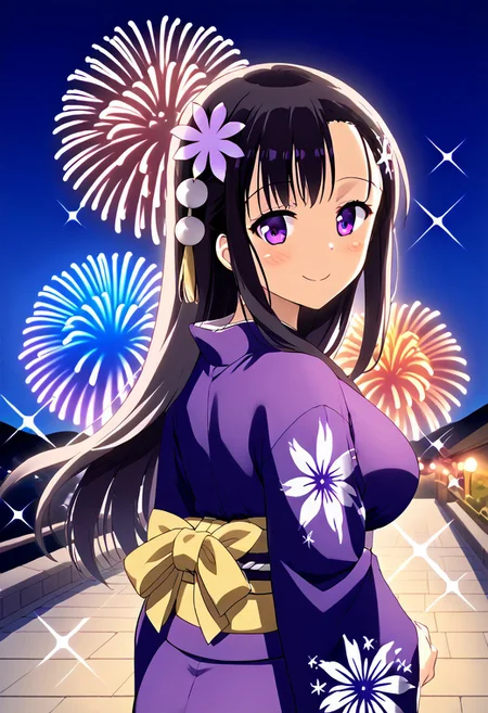 Score 9, Score 8, Score 7, Score 6, Score 5, Score 4, 1 girl, Original anime, Hitomi Hino, Long hair, Black hair, Hair ornament, Large breasts (Purple eyes: 1.2),
<lora:aerial-fireworks-ponyxl-lora-nochekaiser:1>, aerial fireworks, blurry background, blush, smile, fireworks, from behind, looking at viewer, looking back, night, night sky, outdoors, sparkle,, japanese clothes, kimono, new year, obi, obiage, obijime, sash, wide sleeves, floral print, <lora:shaft-look-ponyxl-lora-nochekaiser:1>, shaft look, looking back, from behind, head tilt,, cowboy shot, solo, cityscape, mountainous horizon, night, outdoors,