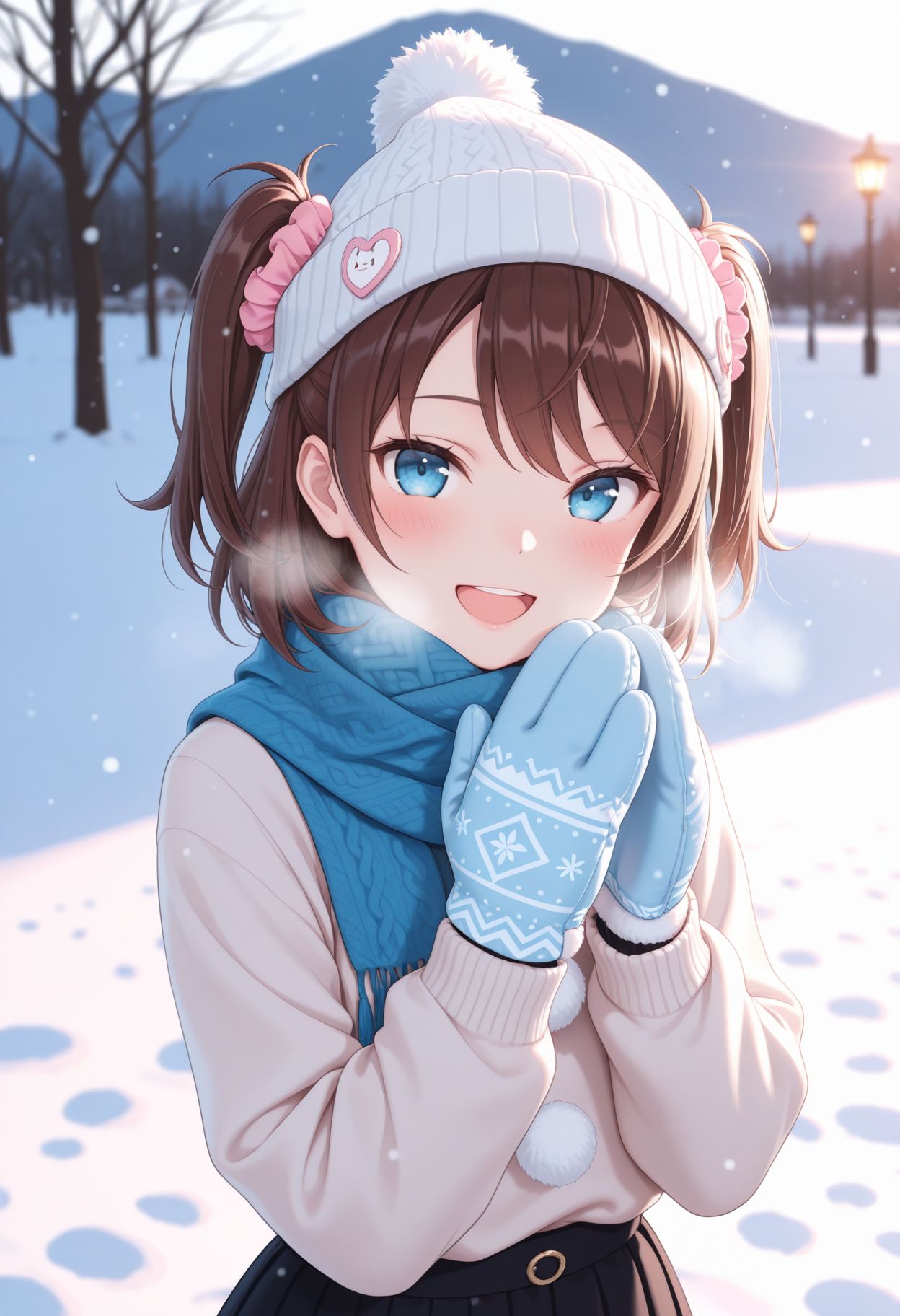 masterpiece,best quality,absurdres,highres,very aesthetic,high quality,detailed,insanely detailed,beautiful,perfect lighting, looking at viewer, 
 <lora:Ogasawara Hikari llu:1> 1girl, brown hair, blue eyes, two side up, short hair, scrunchie, hair ornament, winter, snowfield, sweater, long skirt, outdoors, scarf, winter, smile, blush, upper body, abstract background, beanie, portrait, alternate costume, white background, looking at viewer, smile, mittens, blush, scarf, heavy breathing, open mouth, hat, winter clothes, pom pom \(clothes\)