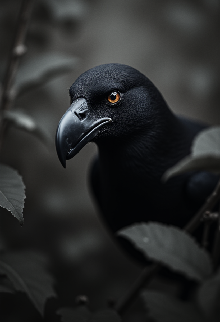 In this captivating image, a raven takes center stage. The bird's intense gaze pierces through the shadows, drawing the viewer into an ethereal world of wonder and intrigue. The artistic style of this piece can be traced back to the fusion of Matt Fraction's narrative-driven storytelling, Cleon Peterson's raw emotion, and the Mannerism movement's emphasis on form and composition. The stark contrast of black and white, coupled with the intricate texture of the raven's feathers, creates a visually striking image that evokes a sense of mystery and artistry. The side lighting, bokeh, and selective focus techniques further heighten the dreamlike quality of this photograph, transporting the viewer to a realm beyond reality. This image is a testament to the transformative power of art, showcasing the beauty that can emerge from the fusion of diverse influences and styles. ,<lora:aidmaHyperRealism-FLUX-V0.2.safetensors:1.0> ,