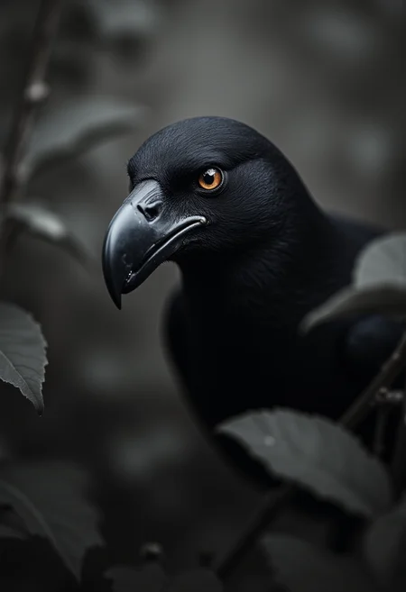 In this captivating image, a raven takes center stage. The bird's intense gaze pierces through the shadows, drawing the viewer into an ethereal world of wonder and intrigue. The artistic style of this piece can be traced back to the fusion of Matt Fraction's narrative-driven storytelling, Cleon Peterson's raw emotion, and the Mannerism movement's emphasis on form and composition. The stark contrast of black and white, coupled with the intricate texture of the raven's feathers, creates a visually striking image that evokes a sense of mystery and artistry. The side lighting, bokeh, and selective focus techniques further heighten the dreamlike quality of this photograph, transporting the viewer to a realm beyond reality. This image is a testament to the transformative power of art, showcasing the beauty that can emerge from the fusion of diverse influences and styles. ,<lora:aidmaHyperRealism-FLUX-V0.2.safetensors:1.0> ,