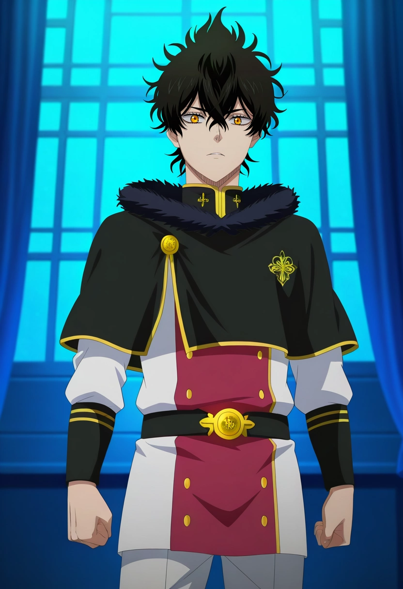 masterpiece, best quality, anime screencap, official style, anime coloring, 1boy, solo, male focus, <lora:yuno_black_clover_ilxl:0.98>, yuno_black_clover, black hair, yellow eyes, short hair, hair between eyes, fur trim, cowboy shot