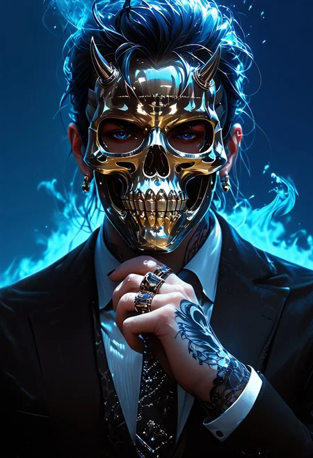 (score_9, score_8_up), score_7_up, 1boy, Highly detailed RAW color Photo, shirt, long sleeves, jewelry, jacket, upper body, earrings, necktie, collared shirt, hand up, necklace, black jacket, gradient, black nail polish, gradient background, tattoo, glowing, formal, ring, suit, cross, mask, skull mask, spikes, black suit, metallic texture, blue theme, blue fire, multiple rings, hand tattoo, simple background, dark blue background, blue theme, gorgeous details, depth perception, backlighting, photorealistic, breathtaking scenery, perfectly rendered reflections, detailed clothing,
dark lighting, dof, depth of field, realistic, dark background, CINE, blue embers, low-key,