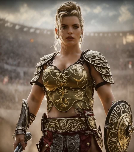 RAW photo, (masterpiece:1.3), subsurface scattering, heavy shadow, (high quality:1.4), (intricate, high detail:1.2), professional photography, HDR, High Dynamic Range, realistic, ultra realistic, photorealistic, high resolution, film photography, ambient lighting, atmospheric effects, <lora:detail_slider_v4:2>, OverallDetail, a female gladiator, <lora:Gladiator1:0.65>, armor, metal chest breastplate!, belt, shoulder armor, bracers, chest straps, muscular, holding a weapon, shield at hand, cowboy shot, in a roman arena, (perfect hands), epiCPhoto, <lora:Arena:0.7>