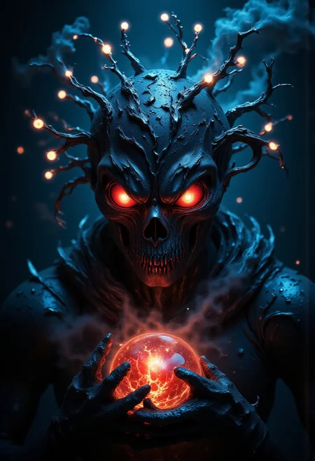 A dark, surreal figure looms in a misty, shadow-filled abyss. The being's skeletal face is cracked and weathered, illuminated by piercing red eyes that radiate malice. Its jagged, spiked armor reflects faint blue hues, adding to the menacing aura. Chaotic tendrils crowned with floating, glowing eyes burst from its skull, exuding an unearthly energy. In its bony grasp, it holds a fiery, radiant orb emitting tendrils of vivid red and orange light, stark against the cold blue mist. The scene evokes gothic horror and surrealist fantasy, blending macabre details with luminous, dreamlike elements.