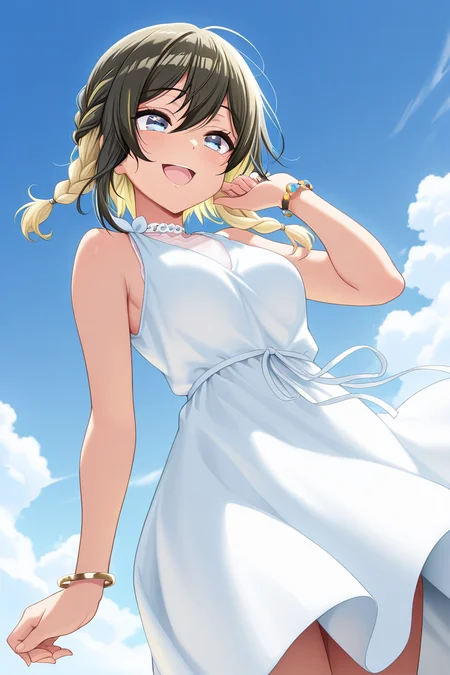masterpiece, best quality, amazing quality,
<lora:Maho_IL:1> maho, 1girl, dress, solo, white dress, braid, multicolored hair, blue eyes, smile, sky, cloud, blonde hair, bracelet, black hair, jewelry, open mouth, sleeveless dress