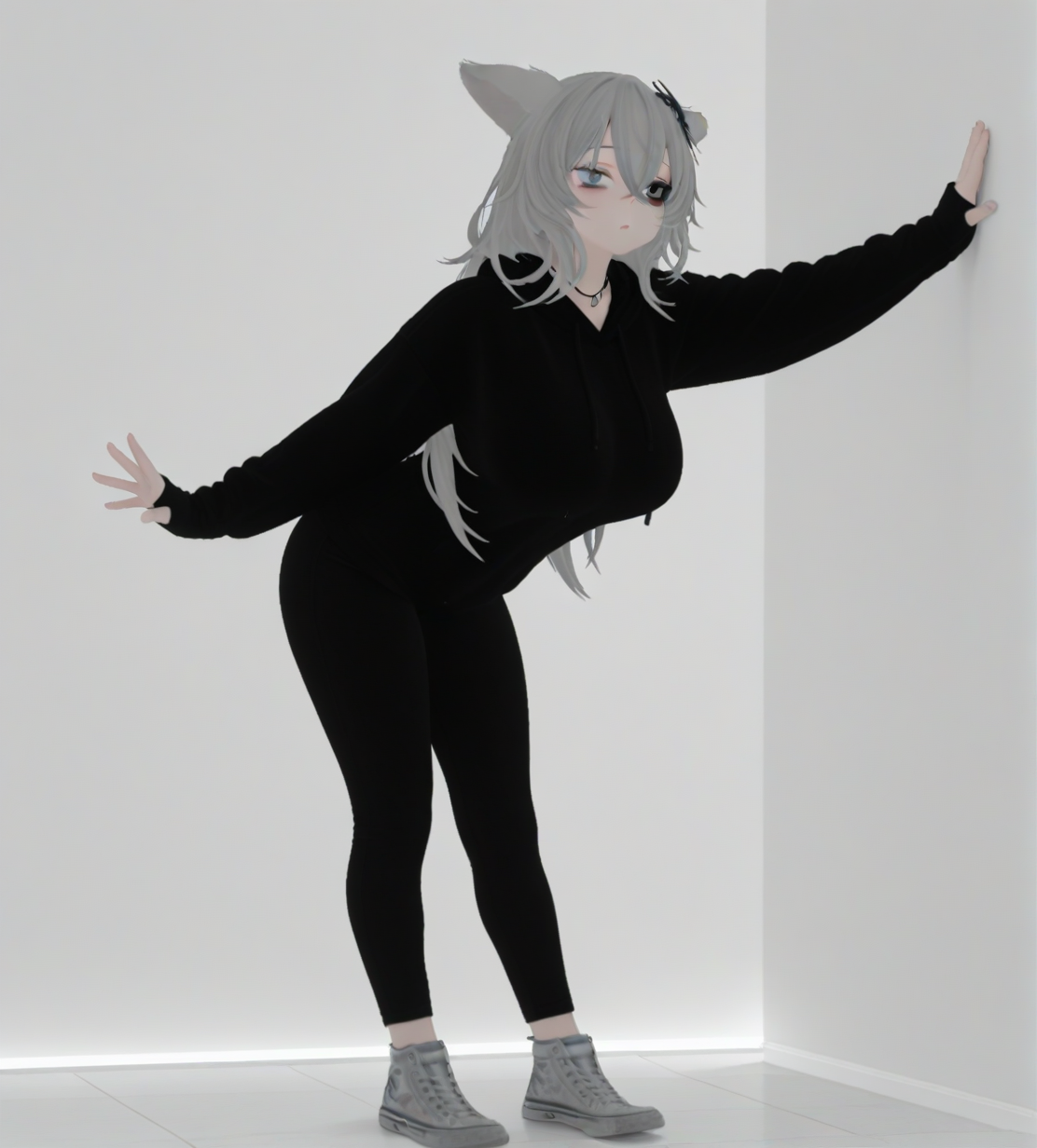 <lora:Mmmm_wolf_girl:1>,1girl, huge breasts, 
Mmmm wolf girl,animal ears,wolf ears,long hair,grey hair,hair between eyes,crossed bangs,grey eyes,heterochromia,
hair ornament,
necklace,
black hoodie,sleeves past wrists,
black pants,
grey sneakers,
very awa, masterpiece, best quality, highres, absurdes,amazing quality,very aesthetic,intricate details, <lora:hand 5.5:1>