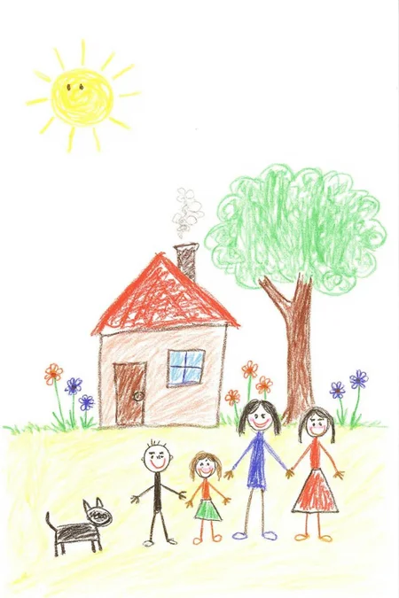 A drawing depicting a family of four and a dog in a cheerful outdoor setting. The scene is divided into three main areas: a house, a garden, and a sunny sky. The family is drawn as stick figures. In the background, a small house with a red roof and a brown door is drawn. The house has a chimney with a puff of smoke emerging from it, and a blue window. There are blue and red flowers around the house. There is a large tree besides the house. <lora:5yocrayon1_cap_d6a3e12:1.0><lora:822104157176498970:0>