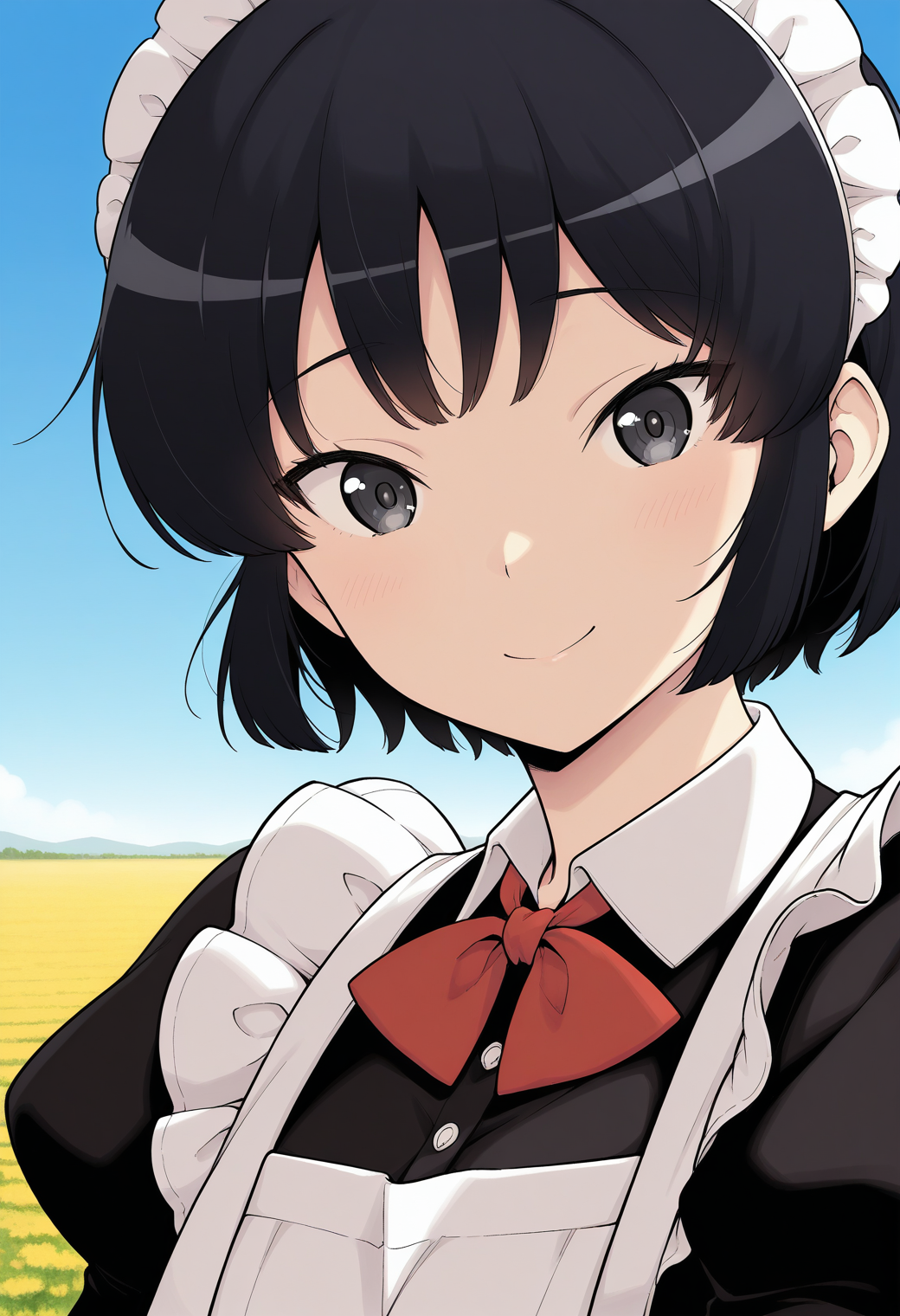 kujyou_meika, black eyes, black hair, short hair, maid headdress, maid, maid apron, dress, red bowtie, long sleeves, puffy sleeves, <lora:kujyou_meika_illustrious_ver1:0.8> 
smile, 
1girl, solo, (field:1.2), (blue sky:1.2), looking at viewer,, masterpiece, best quality, general,, (upper body:1.2), (close-up:1.2), (facing viewer:1.2), (open eyes:1.4), (portrait:1.2)