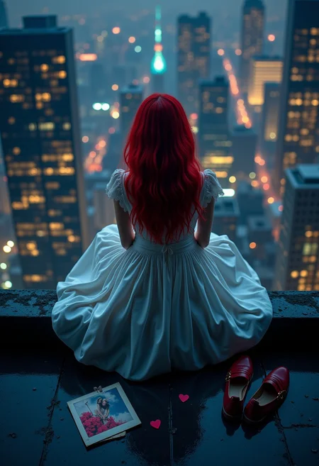 A girl in a white dress with red hair sits on the edge of a skyscraper roof and looks down at the neon lights of a night metropolis. smoky air, Next to her lies a ((torn)) in two wedding photo of her and her fiancé and a torn valentine, and her removed shoes stand nearby. View from above, from behind.