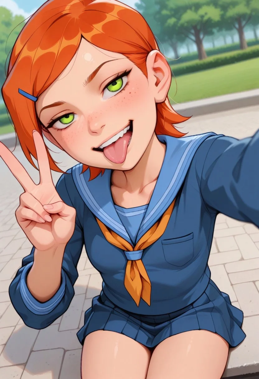 masterpiece, best quality, good quality, very aesthetic, absurdres, newest, 8K, depth of field, focused subject, mythp0rt,
stylized, wabi sabi,
1girl, gwentennyson, orange hair, short hair, green eyes, messy hair, freckles, cute,
smug, mouth open, tongue out,
petite body, small waist, curvy, thighs, shapely legs,
small breasts,
school uniform,
dynamic angle, selfie, peace sign,
park,