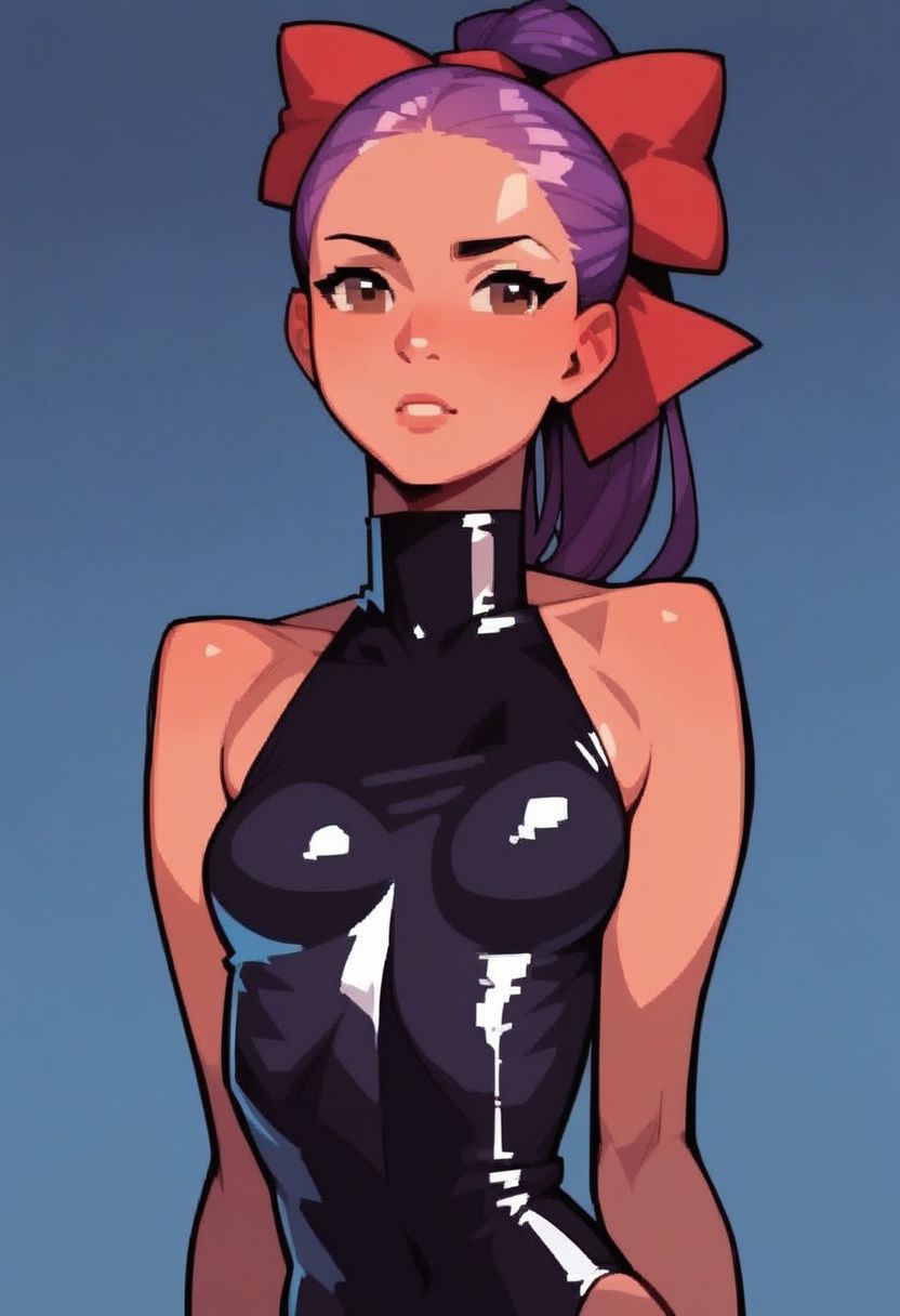 simple background, 1girl, 18 year old American, purple hair, red bow, brown eyes, skinny, (nice small breasts:1.3), brown eyes, head shot, tight leotard
BREAK score_9, score_8_up, score_7_up, score_6_up, source_cartoon, pixelart, pixel