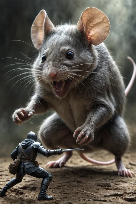by Ben Goossens and Peter Milligan, action shot, fighting, fantasy, gigantic pet mouse, bosstyle <lora:boss_battles:0.55> <lora:more_art:0.20> <lora:RMSDXL_Enhance:0.45> <lora:RMSDXL_Creative:0.35> <lora:RMSDXL_Photo:0.45> <lora:RMSDXL_Darkness_Cinema:0.50> <lora:clothing_slider:1.00> <lora:great_lighting:1.00> <lora:aesthetic:0.85> <lora:looking_at_viewer:0.75> <lora:photorealistic_portrait_v2:0.15> <lora:attractive_v2:0.15> <lora:extremely_detailed_v2:0.15> <lora:XDetail_heavy:0.45> <lora:add_detail:0.75> <lora:perfect_eyes:0.15> <lora:perfect_hands:0.15> <lora:midjourney:-0.15>