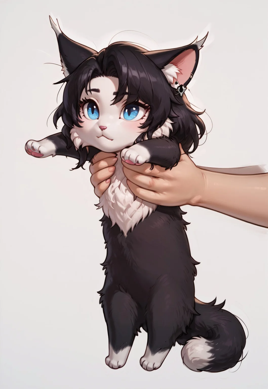masterpiece,best quality, highly detailed, score_9, score_8_up, score_7_up, score_6_up, BREAK, Tatiana, furry, 1girl, cat, feral, animal, two-color fur, white fur, black fur, black fluffy pointed ears, white ear tips, fluff in ears, fluffy tail, long black hair, ice blue eyes, pink animal nose, white face, furry face, feline, white background, IncrsXLLCM, full body, chibi,