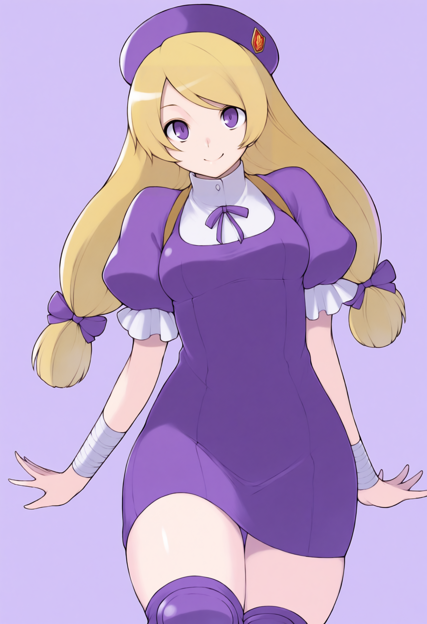 masterpiece, best quality, solo, 1girl, smile, looking at viewer, <lora:Yasuda-Suzuhito-illus_Fp:1>, simple background, <lora:HinakoKof-illus_Fp:1>, h1nak02, blonde hair, purple eyes, long hair,  twintails, purple beret, collared dress, purple dress, neck ribbon, puffy sleeves, knee pads, bandages, hair bow,