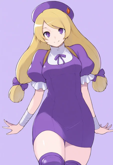 masterpiece, best quality, solo, 1girl, smile, looking at viewer, <lora:Yasuda-Suzuhito-illus_Fp:1>, simple background, <lora:HinakoKof-illus_Fp:1>, h1nak02, blonde hair, purple eyes, long hair, twintails, purple beret, collared dress, purple dress, neck ribbon, puffy sleeves, knee pads, bandages, hair bow,