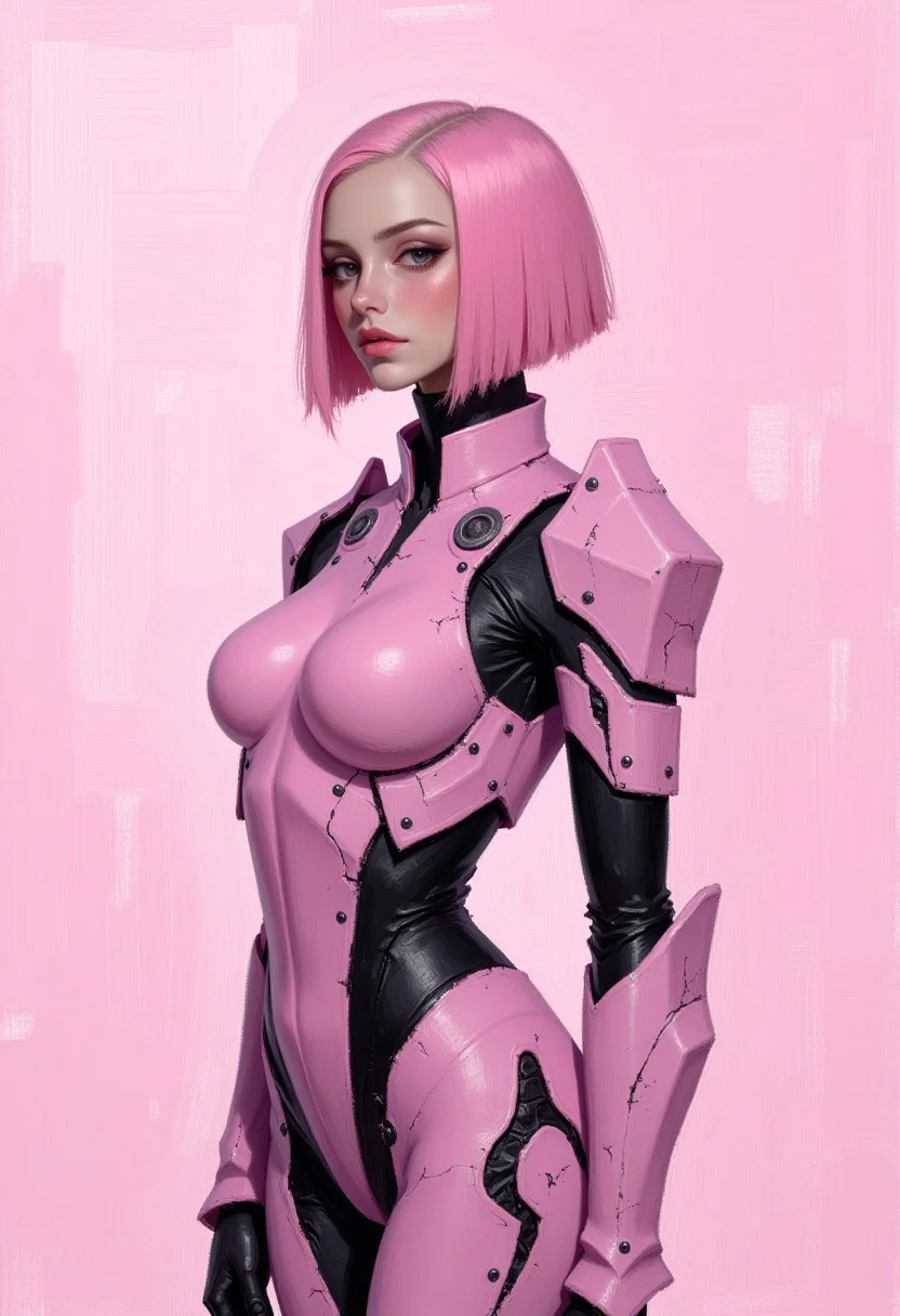 a realistic renaissance dry brush painting. a female android. she wears a fitted body suit, made of brushed metal, colored pink with black accents. the suit's design is angular, faceted and futuristic, adorned with intricate riveting and trimmings. the armor has hyper detailed textures, is weathered and with chipped paint, revealing bare steel.
her pink inverse bob is sharp cut and asymmetric.
her posture is heroic and her expression confidently directed into the distance.
the pink textured background is luminous and enhances the ethereal feel.
the lighting is luminous, bright and even, casting gentle shadows that enhance details.