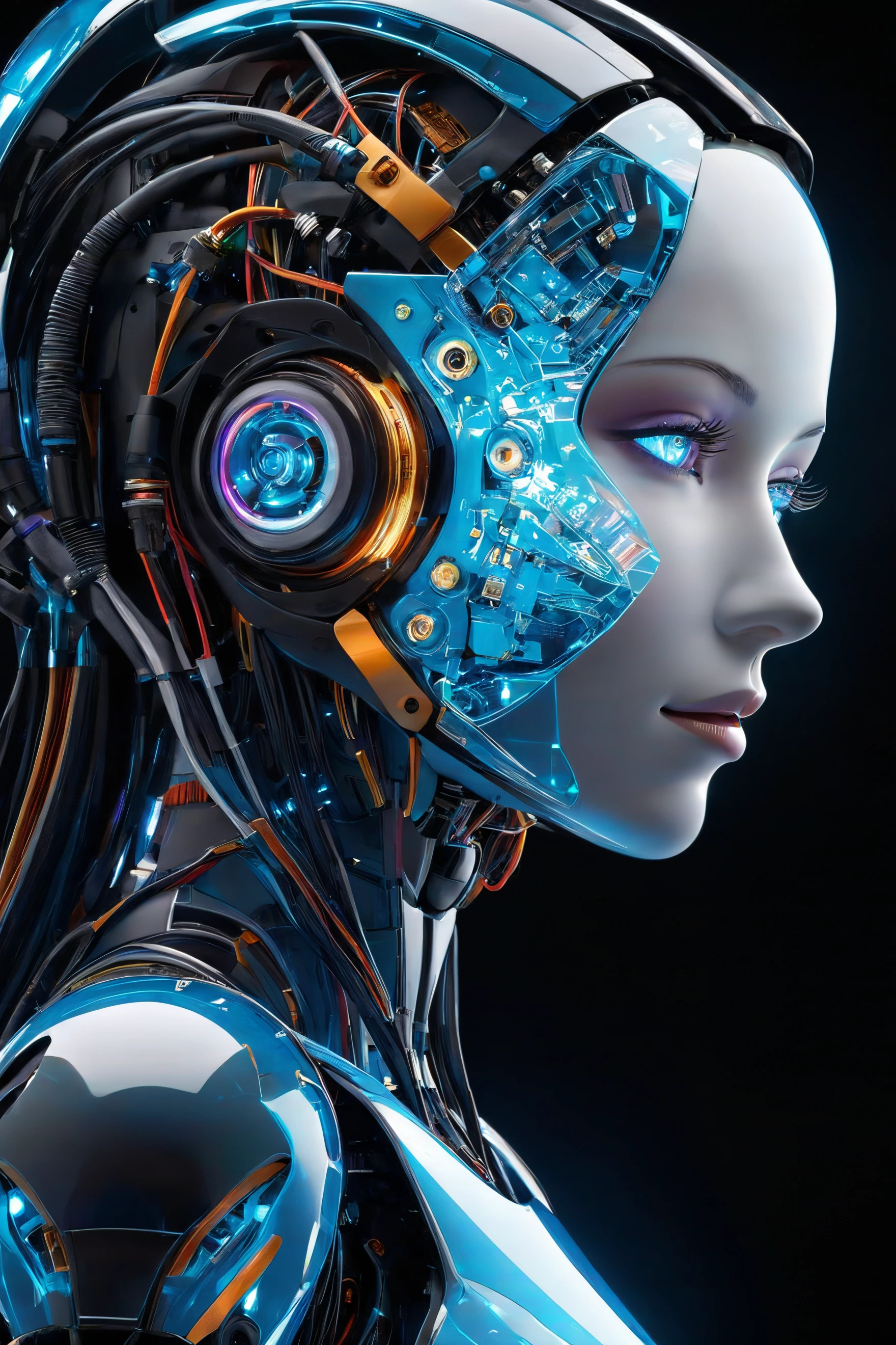colorful fractal <lora:colorful_04_colorful_fractal:1.0>,
A futuristic side portrait of a humanoid robot. The robot's body is made of translucent materials,and its internal structure is clearly visible,including circuit boards and light-emitting elements. The robot has soft facial features with feminine features,including long hair and breasts. The robot's head and neck are structurally complex,with many connecting points and lines,suggesting its precise construction and possible versatility. High-tech and futuristic living concepts,cold and mechanical beauty,bioluminescence,fiber optics,masterpieces,octane rendering,unreal engine,,
amazing, beautiful, breathtaking, astonishing, brilliant,