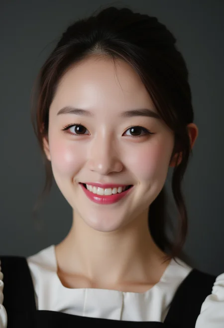 photo of a natural 20 year old korean girl , shiny skin, lips, super detailed skin, detailed beautiful face and eyes, spotlight, professional lighting, brown hair, upper body, stewardess, black skirt, aviation industry, short shirt, smile, pilot dress,formal