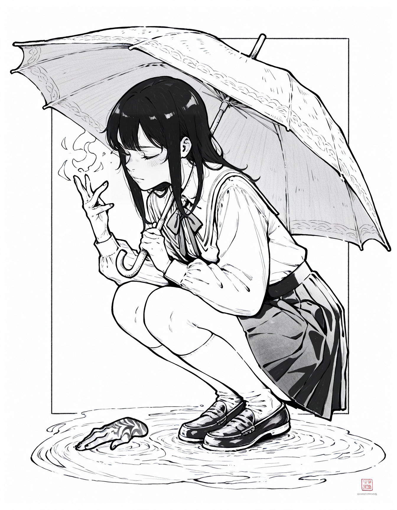 <lora:MUZHUR:0.15>,
 1girl closed_mouth greyscale hand_up kneehighs long_sleeves monochrome school_uniform sidelocks socks solo squatting tsukinomori_school_uniform umbrella watermark
, <lora:MUZHURIL:1>, masterpiece, best quality, absurdres, monochrome, greyscale, traditional media, flat colors, flat color
