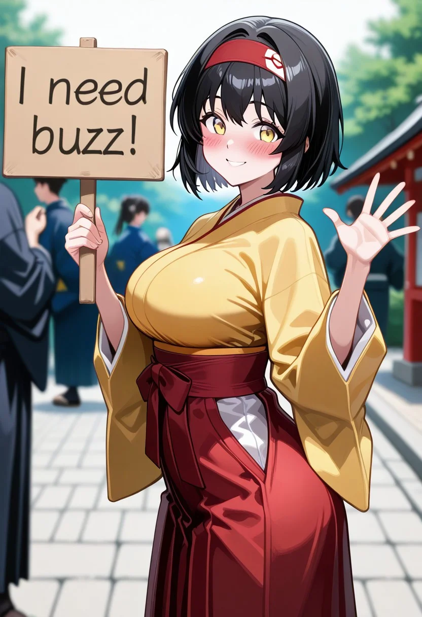 1girl, solo, need_buzz, holding sign, pokemonerika, yellow eyes, black hair, headband, short hair, japanese clothes, kimono, hakama, red hakama, long sleeves, wide sleeves, outdoor, smile, simple background, depth of field, blurry background, solo focus, BREAK cute, pretty, blush, detailed eyes, high resolution eyes, perfect face, perfect eyes, perfect breasts, perfect hands, perfect ass, uncensored, (score 9, score 8 up, score 7 up, source anime, masterpiece, best quality, high quality, absurdres, absolutely resolution, incredibly absurdres, high res image, 8K),