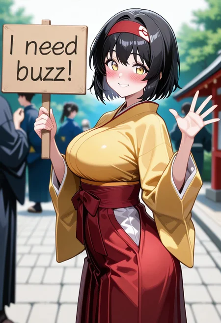 1girl, solo, need_buzz, holding sign, pokemonerika, yellow eyes, black hair, headband, short hair, japanese clothes, kimono, hakama, red hakama, long sleeves, wide sleeves, outdoor, smile, simple background, depth of field, blurry background, solo focus, BREAK cute, pretty, blush, detailed eyes, high resolution eyes, perfect face, perfect eyes, perfect breasts, perfect hands, perfect ass, uncensored, (score 9, score 8 up, score 7 up, source anime, masterpiece, best quality, high quality, absurdres, absolutely resolution, incredibly absurdres, high res image, 8K),