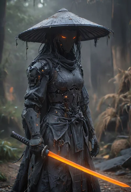 Craft a captivating vibrant dark black-neon caption for a photo capturing the essence of a cyborg Bedouin sorcerer in fight stance, defying expectations by conjuring a whimsical robot 'freak' from an oversized sedge  hat. ethereal, smoky backdrop. throwing a translucent orange/tanslucent purple/black iaidow, weapon, katana, holding sword, ready to draw, sheathed, unsheathing, scabbard,, 
 very detailed, atmospheric haze, Film grain, cinematic film still, shallow depth of field, highly detailed, high budget, cinemascope, moody, epic, OverallDetail, gorgeous, 2000s vintage RAW photo, photorealistic, candid camera, color graded cinematic, eye catchlights, atmospheric lighting, skin pores, imperfections, natural, shallow dof
in the style of the decaying empire of Wrstreich, dark magic and grotesque creatures abound, inspired by Sean Aaberg's punk aesthetic, dark fantasy world combines grim landscapes with vibrant, exaggerated neon colorful art, old 80's VHS dark fantasy, VHS screen grab, grainy, old footage