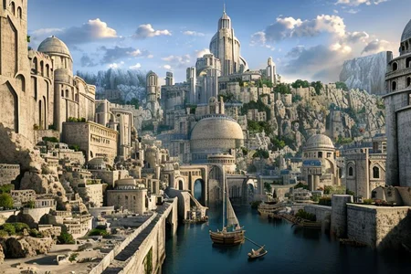 (masterpiece:1.2), (best quality,:1.2), 8k, HDR, ultra detailed, ((photorealistic)), professional light, cinematic lighting, fashion photography, ambient lighting, atmospheric effects, Numenor, a medieval fantasy city at the ocean, a big harbour, some ships, statues, towers, walls, <lora:Numenor-10:1>, in the style of Middle Earth, Tolkien, Minas Tirith, epiCPhoto
