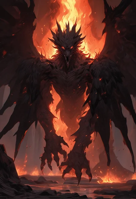 "Inside a vast, dark volcanic cave, the walls glow with the fiery red-orange light of molten lava flowing through cracks in the stone. In the center of the cave stands Shadow Fiend, Nevermore, a towering, menacing figure cloaked in darkness and shadowy flames. His glowing red eyes pierce through the gloom as he stands tall, his sharp claws outstretched, radiating an aura of dread and power. The ground beneath him is scorched, with small embers rising around his feet. He looks down the cave tunnel with a mix of impatience and malevolence, waiting for a worthy challenger to step into his domain. The scene is filled with an intense, oppressive atmosphere, with smoke and heat swirling in the air, making the cave feel like the very heart of a volcano."