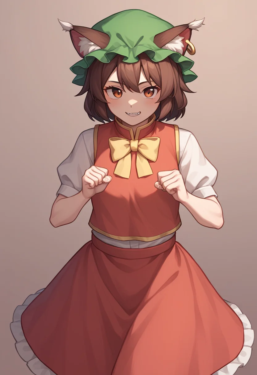 score_9,score_8_up,score_7_up,<lora:Touhou_pony:1>,1girl, chen, touhou, mob_cap, green_hat, animal_ear_piercing, single_earring, nekomata, animal_ear_fluff, red_vest, red_skirt