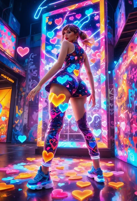 made of reij-trnsprnt, reij-hrts, reij-glw ,(((masterpiece))) , (((best quality))) , anime style, 2d, colorful, Timeless , ( 1girl, solo:1.3) , she is wearing Graffiti Street Art fashion style Dress, pants, detailed background, in focus, Contemporary, Bimbocore, 64K, HDR, otherworldly, womanly, celestial, fabulous colors, beautiful, illustrious quality, deep aesthetic, Jed-Splash, colourful, <lora:ColourfulStyle:0.7>, <lora:heartglow:0.7>