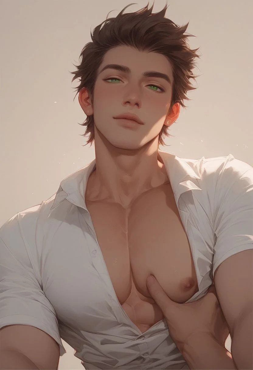 score_9, score_8_up, score_8, 1boy, handsome, horny, short brown hair, green eyes, Seductive look, white tshirt, medium chest, one pec out, hold pecs, pov from below, lucy heartfilia, gay, homoerotic,