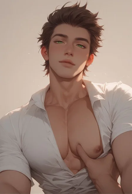 score_9, score_8_up, score_8, 1boy, handsome, horny, short brown hair, green eyes, Seductive look, white tshirt, medium chest, one pec out, hold pecs, pov from below, lucy heartfilia, gay, homoerotic,