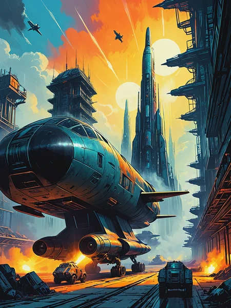 impactful color paint of (futuristic:1.5) a huge military factory made of steel, glass, fog, sun, in the clouds, , futuristic military planes, moody tones, old book style ink cover illustration, on parchment <lora:Bold_Pop:0.65> highly detailed, vibrant colors , 8k, sharp, professional, clear, high contrast, high saturated, , vivid deep blacks, crystal clear