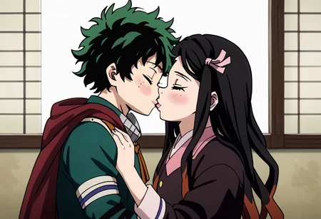 Kamado_Nezuko, Midoriya Izuku, kiss, closed eyes