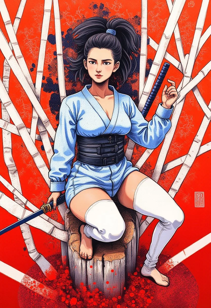detailed serigraphy by byjuanromero, ibsukionsen, masterpiece, newest, absurdres, very awa, 1girl, crouching, action pose, holding sword, perched on bamboo stump, recursion, too many bamboo, white bamboo, intricate detail, iridescent, abstract background, bamboo forest, cut bamboo, flat composition, limited palette, pale white and blue, fisheye, perspective, depth, outdoors, binary, dutch angle, XUER guangying, r17329_illu, 4ki4k4ne_illu, ambient occlusion, neon-mist, 90s Tokyo erotica, garment made of plastic similar to a raincoat, jewelry. 90s, 90STOKYO, low light, grainy, visible noise, reflections, red background
