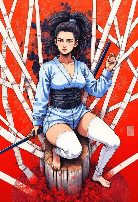 detailed serigraphy by byjuanromero, ibsukionsen, masterpiece, newest, absurdres, very awa, 1girl, crouching, action pose, holding sword, perched on bamboo stump, recursion, too many bamboo, white bamboo, intricate detail, iridescent, abstract background, bamboo forest, cut bamboo, flat composition, limited palette, pale white and blue, fisheye, perspective, depth, outdoors, binary, dutch angle, XUER guangying, r17329_illu, 4ki4k4ne_illu, ambient occlusion, neon-mist, 90s Tokyo erotica, garment made of plastic similar to a raincoat, jewelry. 90s, 90STOKYO, low light, grainy, visible noise, reflections, red background