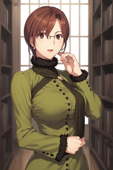 score_9, score_8_up, score_7_up, score_6_up, score_5_up, source_anime, rating_safe, medium breasts, indoors, library, 1girl, solo, <lora:age_slider_v4:3>, aozaki touko, brown hair, short hair, brown eyes, glasses, dress, long sleeves, green dress, scarf, fishnets, fishnet pantyhose, highheels, <lora:Touko_Aozaki:0.8>, dynamic pose, (upper body:1.2), open mouth