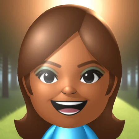 score_9, score_8, BREAK, solo, wii, mii, wii sports, 1girl, female mii, black eyes, brown hair, brown eyebrows, blue eyeshadow, dark skin, open mouth, cyan clothing, white pants, sneakers, nintendo mii, modern_mii, classic_mii, breasts, haruka_(wii_sports), cute, sexy pose, smile, outdoors, sunlight, shadows, evening lighting, natural lighting, forest, trees, grass, orange sky, sunset