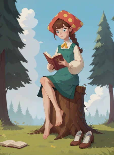 score_9, score_8_up, score_7_up, solo, lubavacn, polka dot headwear, neck knot,  dress, sitting on a stump, reading a book, grass, forest, barefoot, shoes removed, low angle,  sky,  <lora:mlnc_girls_pxl_v1.5_p:0.8>