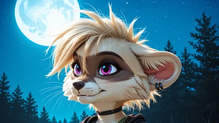 (detailed background:1.2), photorealistic, high quality, image depth, cinematic lighting, photorealistic, detailed shading, <lora:pony_good_hands:1>, solo, masterpiece, highest quality, detailed face, deep shadows, SFW, night setting, <lora:Beautiful Detailed Eyes:1> <lora:Detailed_eyes:1>, fluffy fur, (Brooke,1girl,solo,furry female,racoon girl,purple eyes,blonde hair,short hair,bangs,body fur,two tone fur,grey fur,white fur,tail,black choker,snout,animal nose,whiskers,earings,piercing, armless green top, anthro, fluffy, fluffy fur, paws, moon, trees, tunic, pants, cape, scarf, leg wrap), <lora:Brooke_v01_ILXL:1>, half closed eyes, score_9, score_8_up, score_7_up, score_6_up, score_5_up, score_4_up,