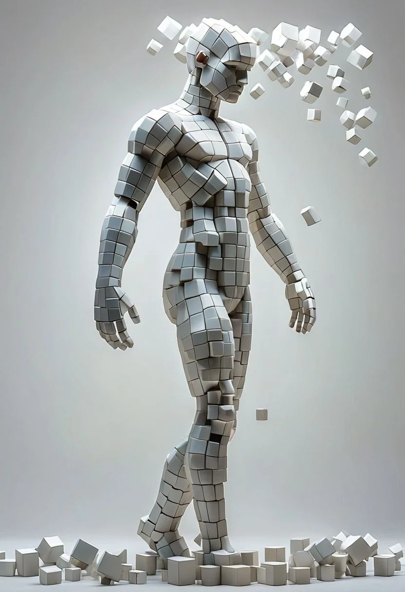 artcbd, Create an image of male figure composed entirely of cubes in various sizes. The figure should appear as if constructed from these geometric shapes, with distinct cubes forming the head, torso, arms, and legs. The cubes vary in size to represent different body parts proportionately, creating a visually interesting and abstract representation of a human body. The composition should be clear, with a focus on how the blocks assemble to mimic human anatomy. The background should be neutral to emphasize the figure