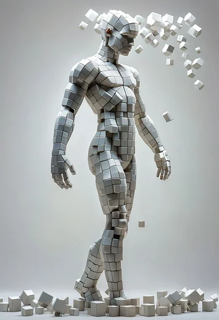 artcbd, Create an image of male figure composed entirely of cubes in various sizes. The figure should appear as if constructed from these geometric shapes, with distinct cubes forming the head, torso, arms, and legs. The cubes vary in size to represent different body parts proportionately, creating a visually interesting and abstract representation of a human body. The composition should be clear, with a focus on how the blocks assemble to mimic human anatomy. The background should be neutral to emphasize the figure