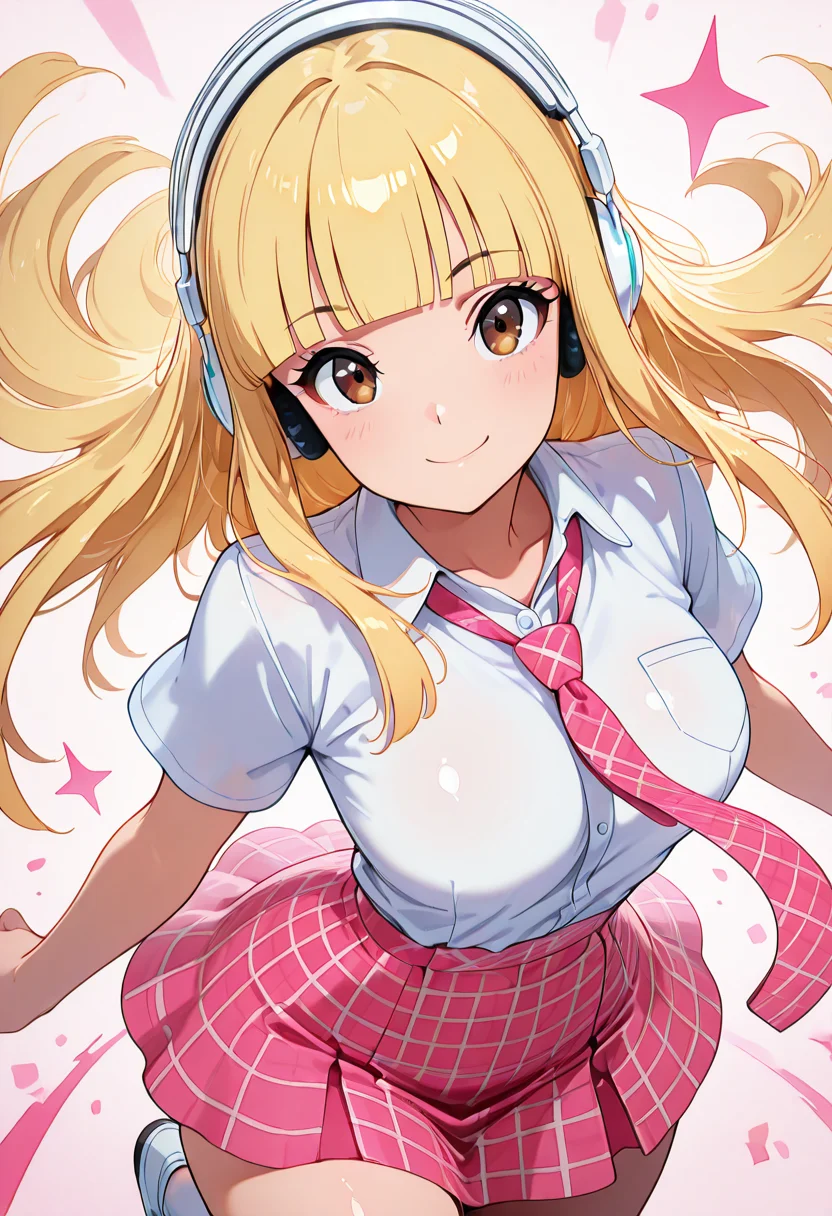 masterpiece, best quality, solo, curvy, beautiful eyes, narrow waist, wide hips, 1girl, solo, smile, looking at viewer, foreshortening, close up, anime screenshot, zzPearlCitron, brown eyes, blonde hair, long hair, straight hair, blunt bangs, white headphones, pink necktie, collard shirt, white shirt, plaid skirt, pink skirt, shirt tucked in, ,<lora:PearlRakuCitronOC_IXL:1.0>, standing on one leg, playful balance, cowboy shot, smile, looking at viewer,