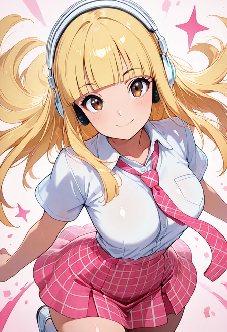 masterpiece, best quality, solo, curvy, beautiful eyes, narrow waist, wide hips, 1girl, solo, smile, looking at viewer, foreshortening, close up, anime screenshot, zzPearlCitron, brown eyes, blonde hair, long hair, straight hair, blunt bangs, white headphones, pink necktie, collard shirt, white shirt, plaid skirt, pink skirt, shirt tucked in, ,<lora:PearlRakuCitronOC_IXL:1.0>, standing on one leg, playful balance, cowboy shot, smile, looking at viewer,