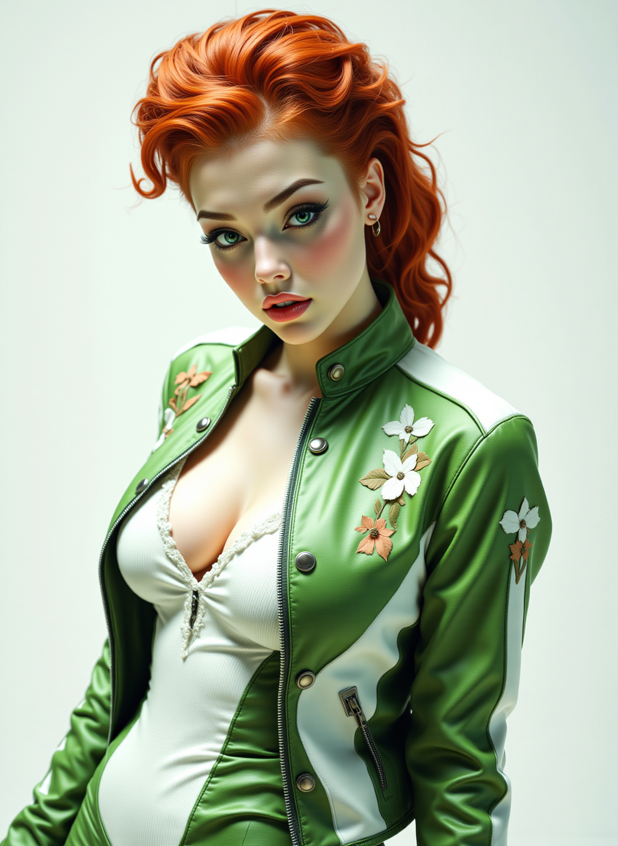 Headshots, She is approximately 18 years old,  photoshoot poses, dynamic angles, multiple angles, photoshoot poses; a photo of P0ison_ivy50sis, a painting of a woman with red hair, she has light green skin, and a green and white jacket with a white frilly shirt, with leaves embroidered on it.  She is standing against a simple white background, with a determined expression on her face. The painting is in a fantasy style. Busty breasts, Style: realistic hyper-detailed rendering, 32k UHD, expressive eyes, punk, graphic design, girl's face, pretty and cute, gleaming lips, telling a tale of adventure. Exuding confidence and serenity. The overall mood of the image is happy and relaxed,detailed skin texture,(blush:0.2),(goosebumps:0.3),subsurface scattering,with a playful and whimsical tone,Detailed hand, perfect hands, Niji style, retro50s_style, 