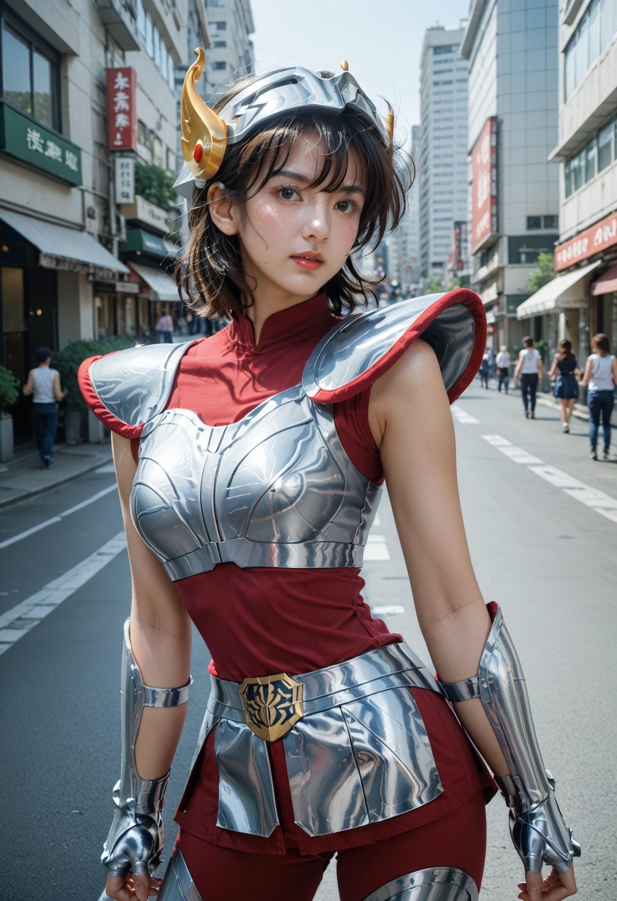 score_9,score_8_up,score_7_up,8k,1girl,heavy make-up,outdoors,city,street,tokyo,shinjuku,large breasts,slim waist,wide hips,dynamic pose,
upper body,<lora:saintseiya5-pony-v70-000006:0.8>,1gseiya,armor,brown hair,breastplate,fingerless gloves,gloves,helmet,faceless,short hair,red corset,bodysuit,shoulder armor,greaves,armored boots,sleeveless,vambraces,pauldrons,boots,breasts,