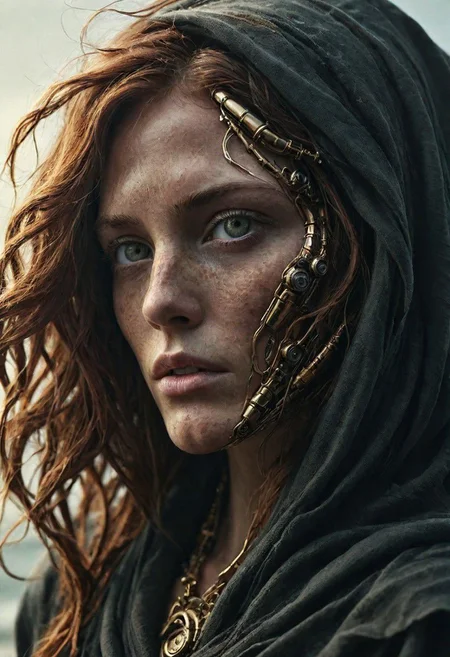 Super Closeup Portrait, Create a DARK dystopian description capturing the essence of a freckled cyborg woman in a close-up photograph, featuring real human DARK green-gray eyes with an intense gaze. The subject has long flowing hair, draped in a ghostly black linen cloak billowing in the wind. The face is a striking fusion of half-cyborg with intricately crafted gold elements and half-human skin, creating a mesmerizing and enigmatic presence. standing at the ocean in bright sunlight, ethereal, sunray,
very detailed, atmospheric haze, Film grain, cinematic film still, shallow depth of field, highly detailed, high budget, cinemascope, moody, epic, OverallDetail, gorgeous, 2000s vintage RAW photo, photorealistic, candid camera, color graded cinematic, eye catchlights, atmospheric lighting, skin pores, imperfections, natural, shallow dof