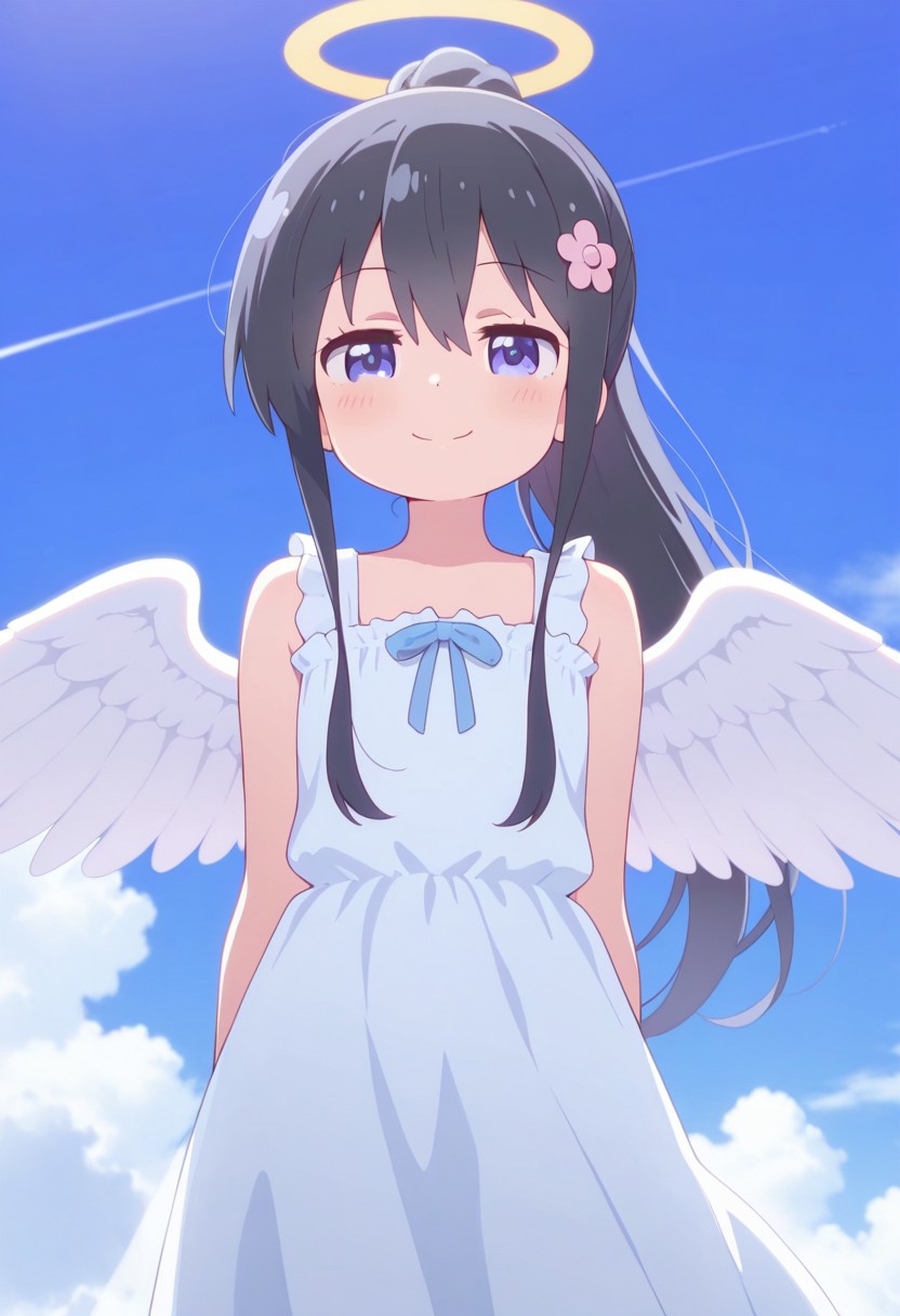 masterpiece,best quality,amazing quality, shirosaki hana, long hair, black hair, blue eyes, 1girl, solo, halo, wings, day, smile, sky, cloud, angel, ponytail, dress, blue sky, outdoors, white wings